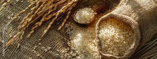 rice essential oil on the background of burlap top view