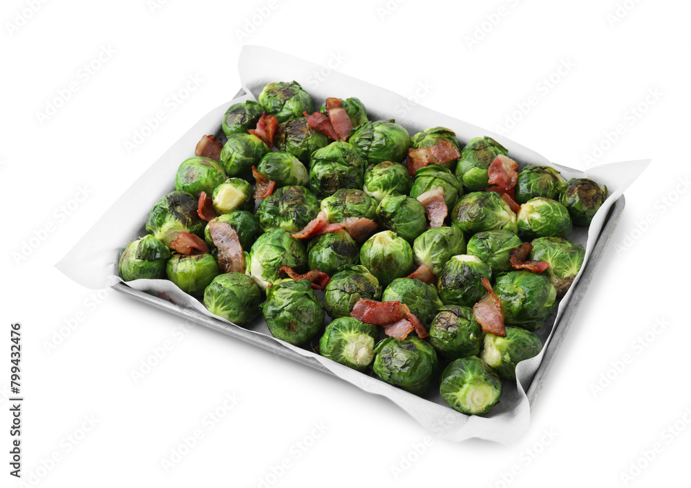 Delicious roasted Brussels sprouts and bacon in baking dish isolated on white Delicious roasted Brussels sprouts and bacon in baking dish isolated on white
