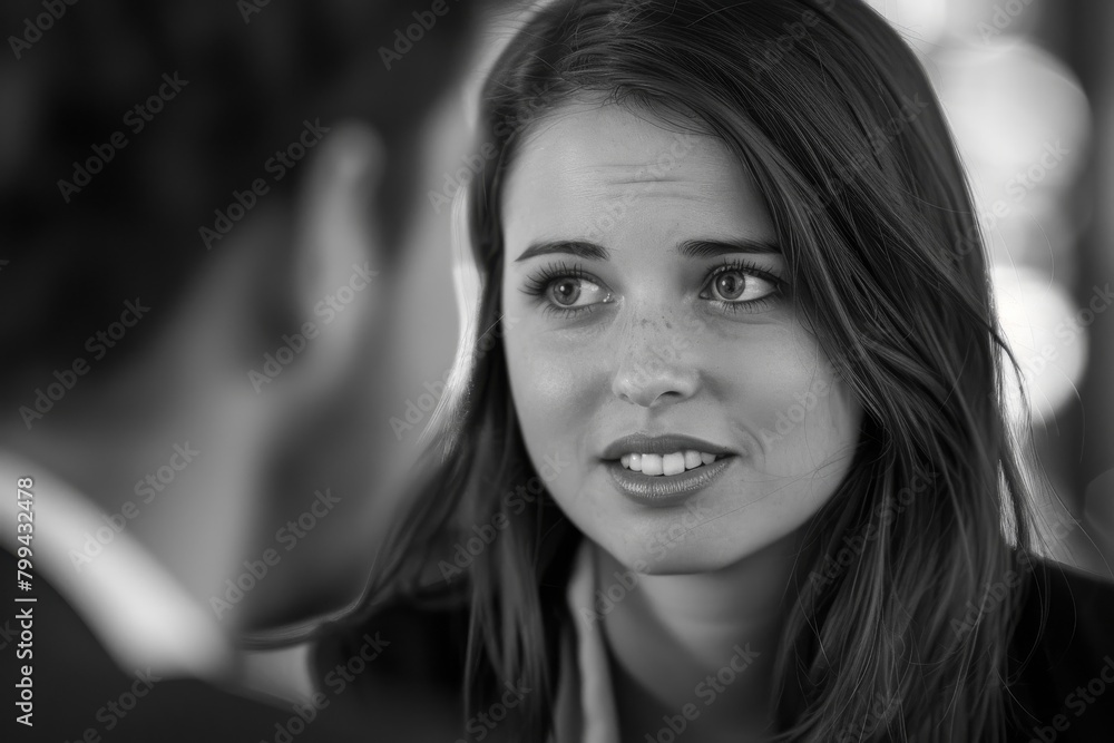Close-up black and white image of a woman engaged in a serious conversation, showing emotion Close-up black and white image of a woman engaged in a serious conversation, showing emotion