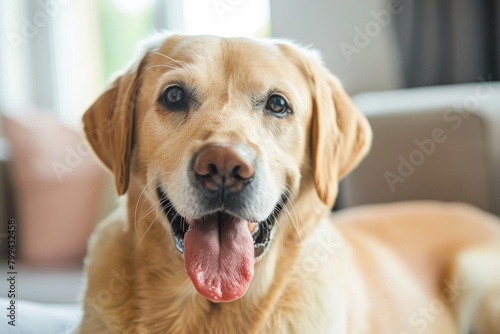 A playful golden retriever sitting with its tongue out, offering a look at pet companionship and joy