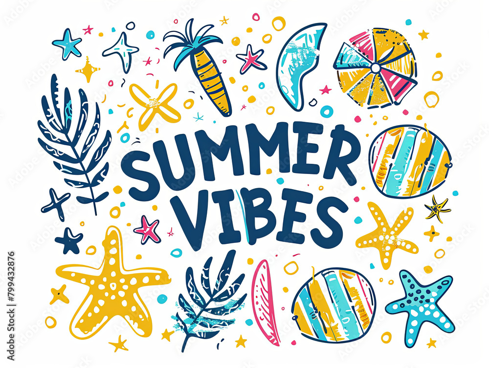 Bright and colorful illustration themed 'Summer Vibes' with tropical elements and dynamic artwork.

