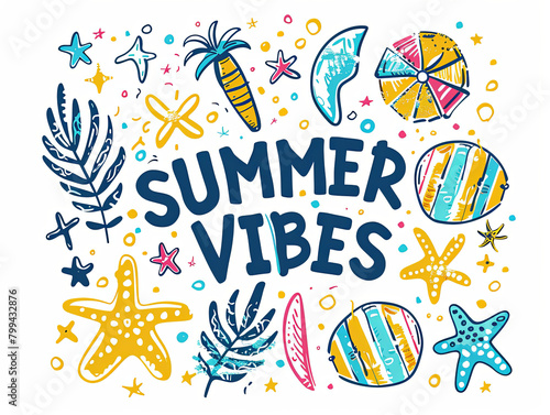 Bright and colorful illustration themed 'Summer Vibes' with tropical elements and dynamic artwork. 