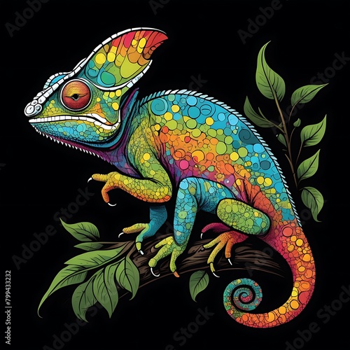 The chameleon is painted in different colors on a branch