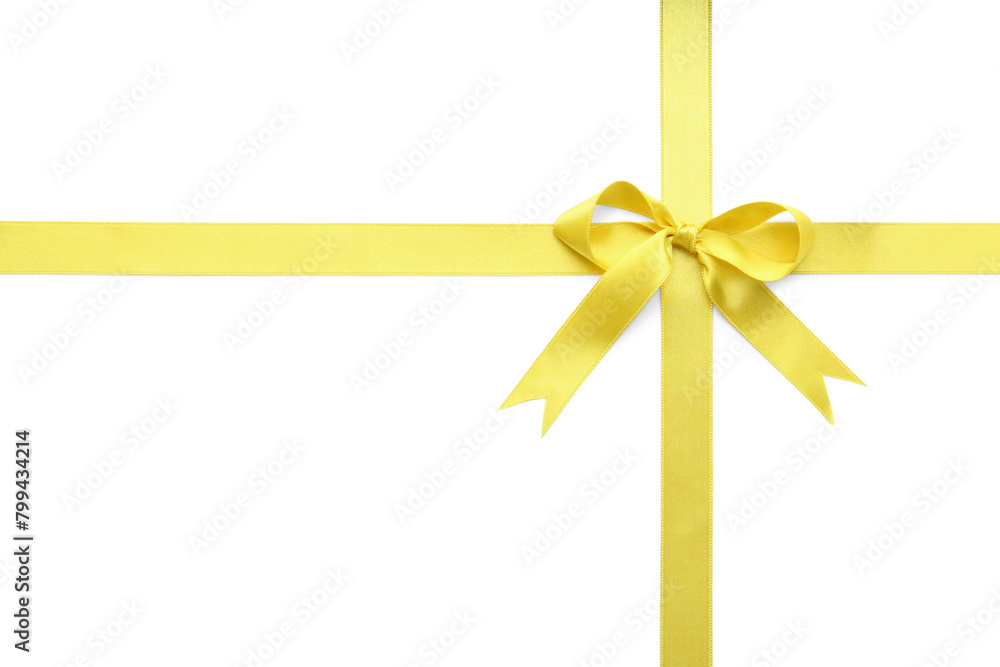 Yellow satin ribbon with bow on white background, top view Yellow satin ribbon with bow on white background, top view