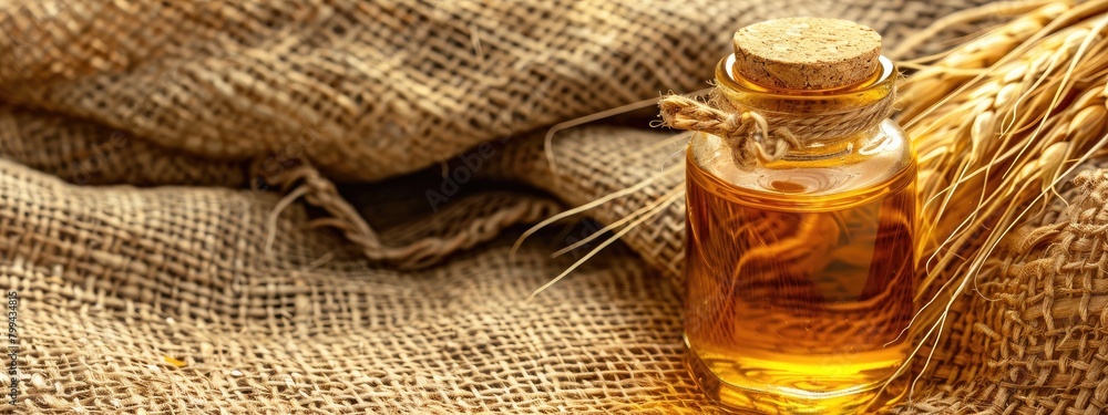 Fototapeta premium essential oil of wheat on the background of burlap top view