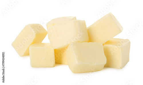 Pile of tasty butter cubes isolated on white