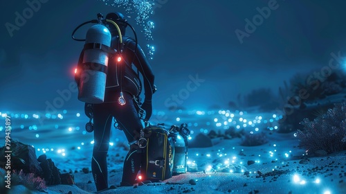 Glowing Bioluminescent Night Dive Technical Diver Prepares for Underwater Adventure © ASoullife