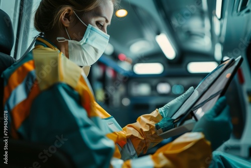 Inside an ambulance, a paramedic in focus gear is handling a tablet, aids in timely healthcare provision photo
