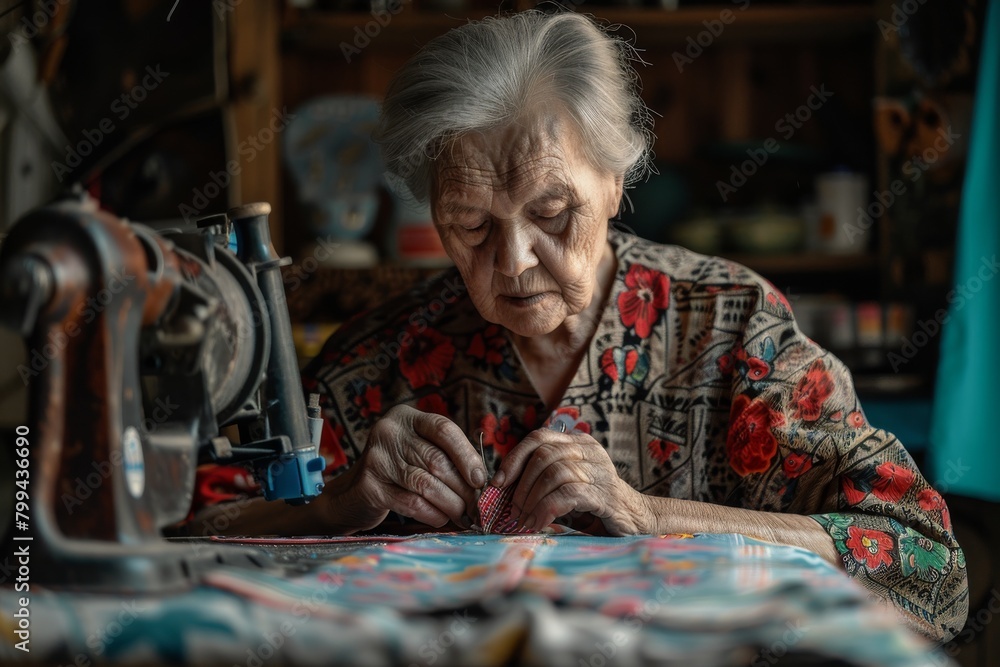 Close-up of a senior seamstress carefully sewing a colorful piece at her table Close-up of a senior seamstress carefully sewing a colorful piece at her table