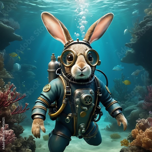 Easter bunnies snorkeling and hunting Easter eggs underwater. Travel vacation for Easter holidays