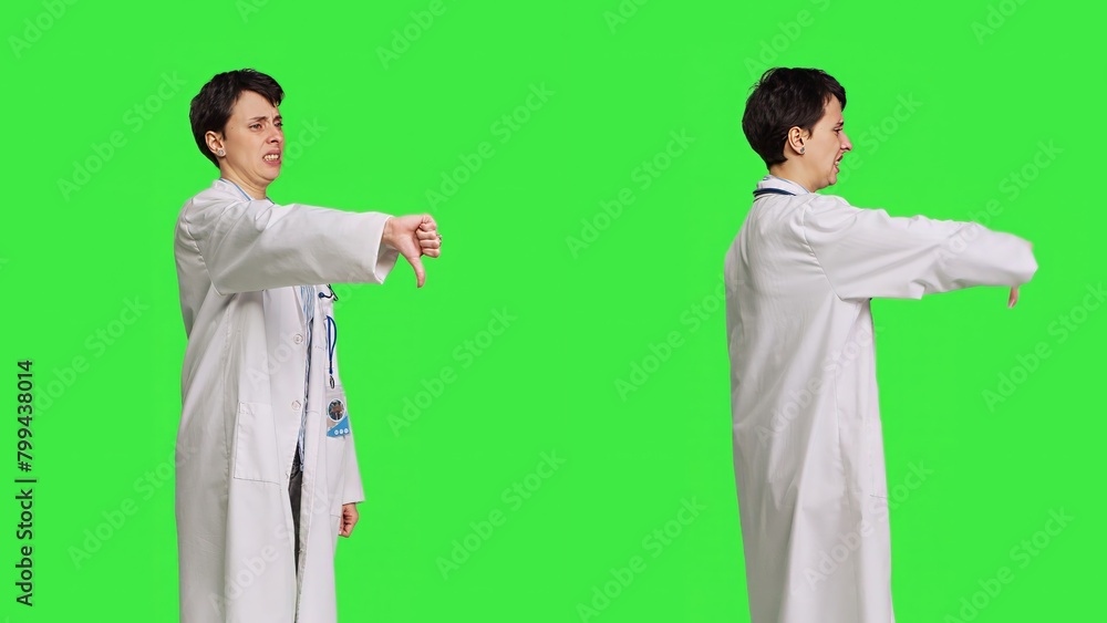 Displeased physician showing thumbs down symbol against greenscreen backdrop, expresses negativity and rejection. Doctor feeling dissatisfied and disagreeing with an idea, dislike sign. Camera B. Displeased physician showing thumbs down symbol against greenscreen backdrop, expresses negativity and rejection. Doctor feeling dissatisfied and disagreeing with an idea, dislike sign. Camera B.