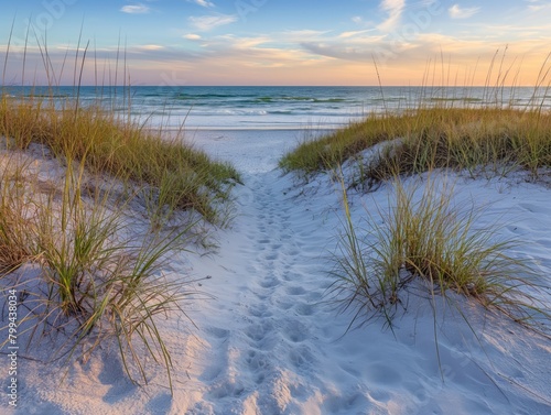 A beach with a path leading to the water. The path is covered in tall grass and the beach is covered in sand. The sky is blue and the sun is setting
