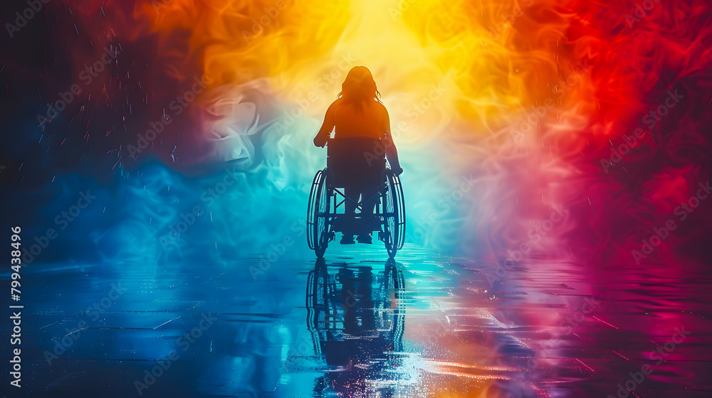 Silhouette of a disabled woman in a wheelchair practicing sports. Colored illustration of a person in a wheelchair. Paralympic games Paris 2024. Silhouette of a disabled woman in a wheelchair practicing sports. Colored illustration of a person in a wheelchair. Paralympic games Paris 2024.