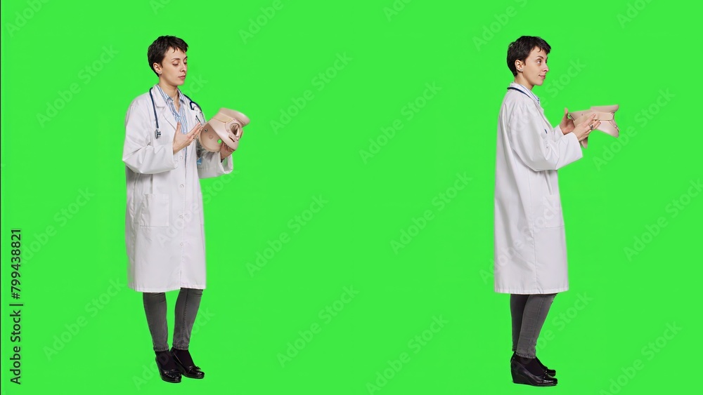 Fototapeta premium Physical therapy medic presents a cervical medical foam to help with rehabilitation after bone fracture or injuries. Woman physician having orthopedics expertise and neck brace. Camera A.