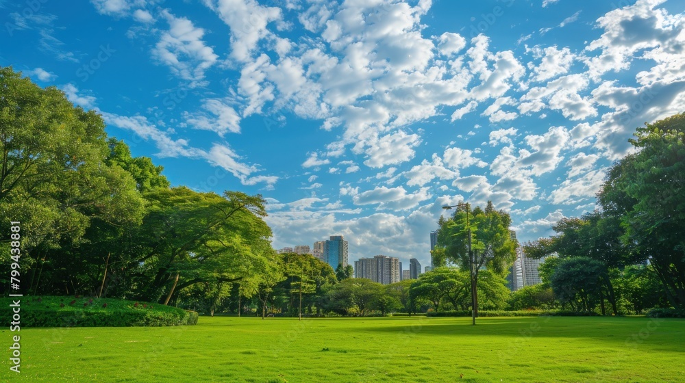 Beautiful landscape a park green grass with trees and skyscrapers against blue sky background.