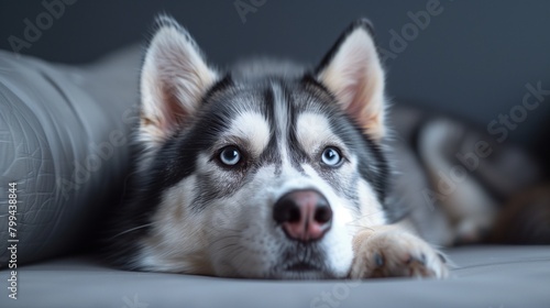 Sleek Siberian Husky Dog Posing on Plain Background,