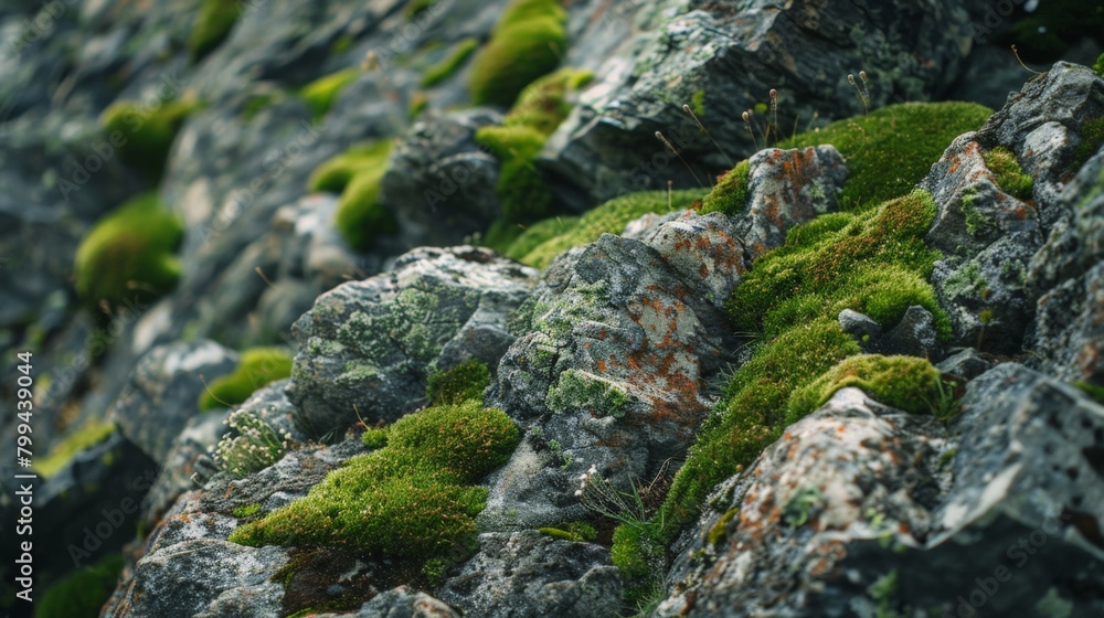Close up of moss-covered rock wall