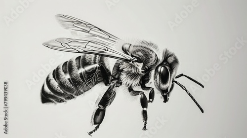 Create an enchanting scene with a vector engraving illustration of a honey bee, carefully designed against a white background