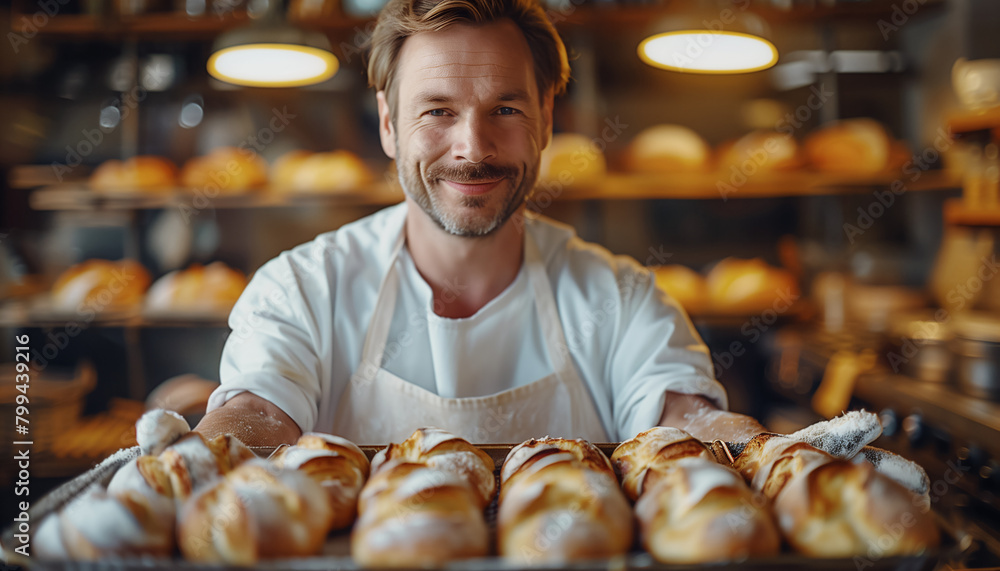Young baker smiles as he arranges freshly baked bread in bakery. The warm glow of bakery showcases variety of bread on display. This skilled artisan brings joy to customers with delicious creations. Young baker smiles as he arranges freshly baked bread in bakery. The warm glow of bakery showcases variety of bread on display. This skilled artisan brings joy to customers with delicious creations.