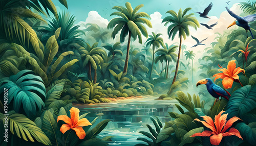 Wand Dekoration Kinderzimmer dichter grüner Dschungel voller wilder Pflanzen und einem Fluss, Vorlage, Hintergrund, Erlebnis Entdeckung für Kinder exotisch tropische Natur Design Palmen photo