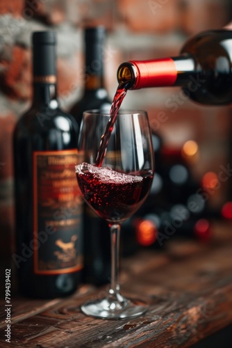 A bottle of wine being poured into a glass on the table, AI