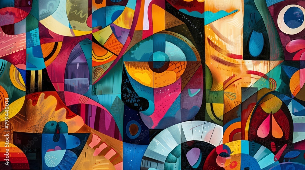 Obraz premium Vivid abstract mural with intricate patterns and bold colors