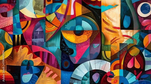 Vivid abstract mural with intricate patterns and bold colors