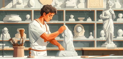 a stonemason male carving a statue from marble, 2d, flat, illustration, solid color.