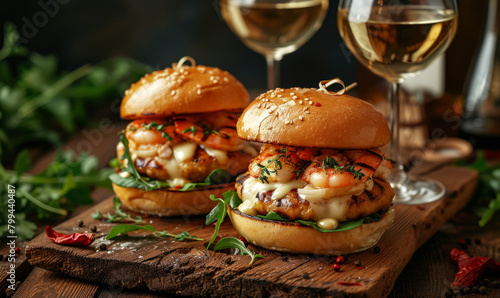Gourmet shrimp burgers served with glasses of white wine, styled on a rustic wooden board.
