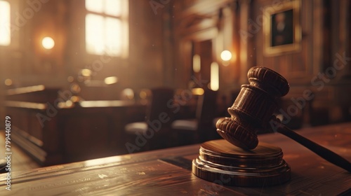 Create a visual concept featuring a gavel in a courtroom, symbolizing the essence of law and authority photo