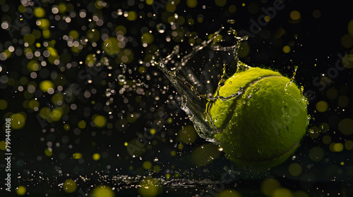 A tennis ball flying at a speed dripping with water droplets around it. © Daniel