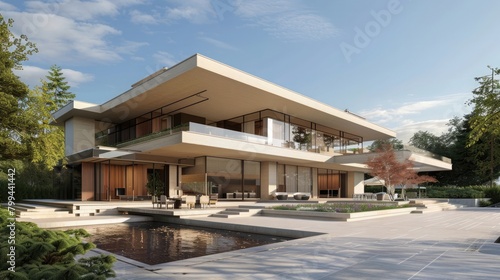 Create a visually captivating 3D rendering featuring a contemporary and extravagant mansion set against a clean white backdrop on Earth