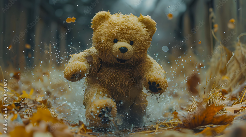 A teddy bear running away in a hurry through the water in the middle of the forest. Running teddy bear. A teddy bear running away in a hurry through the water in the middle of the forest. Running teddy bear.
