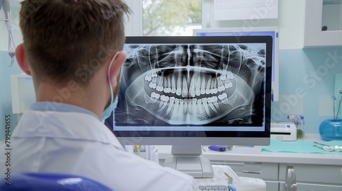 Modern Dentist Reviewing Digital Xrays on Computer Screen Advanced Dental Technology in Action
