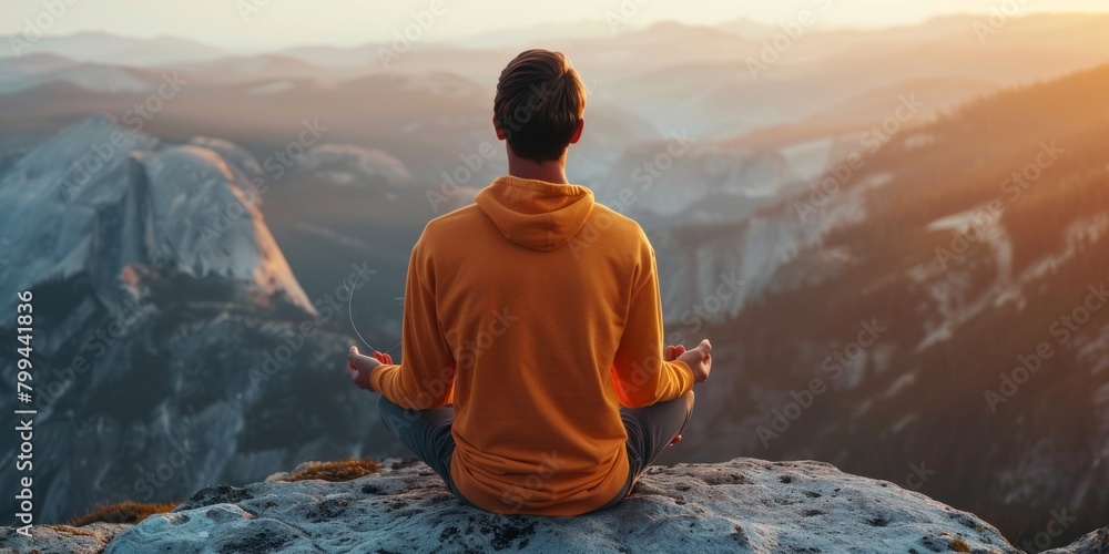 person deep in meditation sits serenely on top of a mountain, surrounded by natures beauty and tranquility.