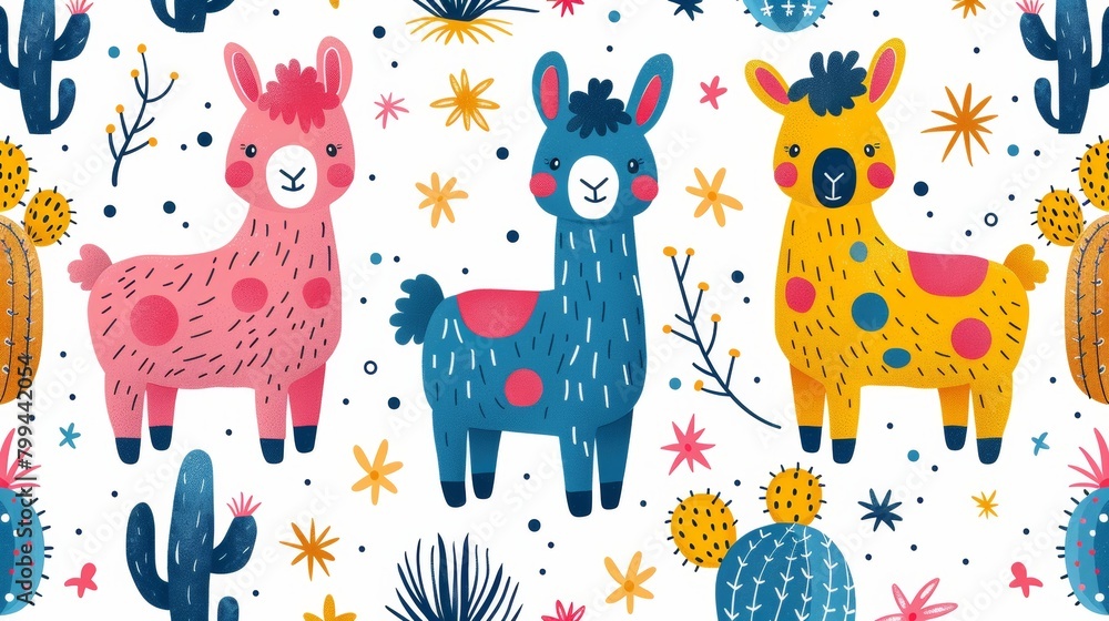 Naklejka premium Modern illustration of flat cartoon llamas on white background. Childish flat cartoon illustration for wrapping paper, textile print.