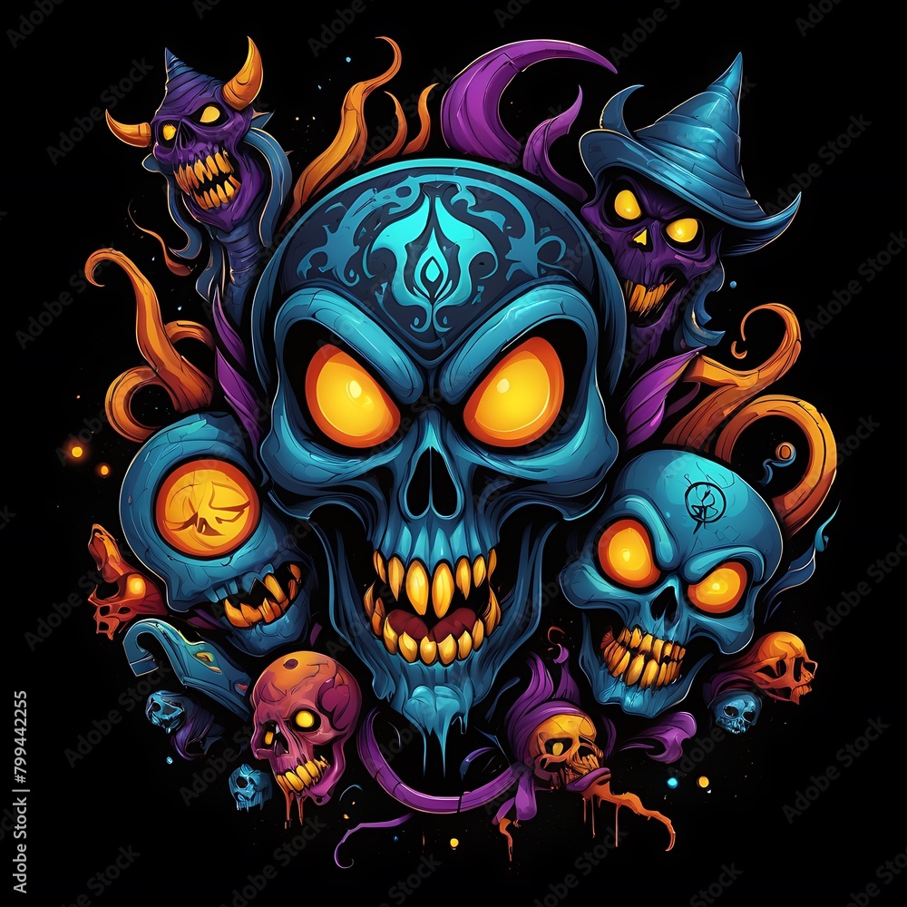 a colorful skull on a black background, fantasy abstract art illustration