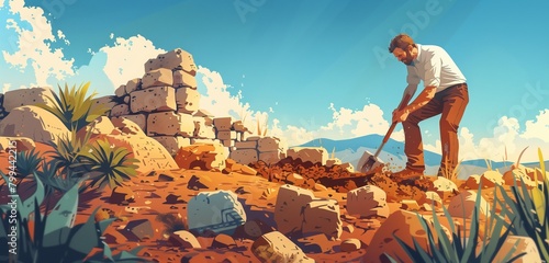 an archaeologist male digging at an ancient site, 2d, flat, illustration, solid color.