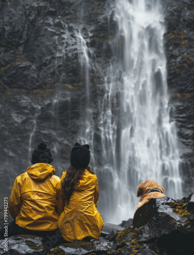 Two people and a dog sitting by a majestic waterfall in autumn