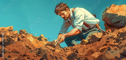 an archaeologist male digging at an ancient site, 2d, flat, illustration, solid color. photo