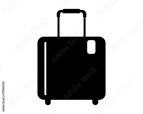 Black rolling suitcase silhouette isolated on white background. Silhouette of a wheeled luggage bag. Concept of travel, tourism, vacation, business trips, and luggage portability. Graphic illustration