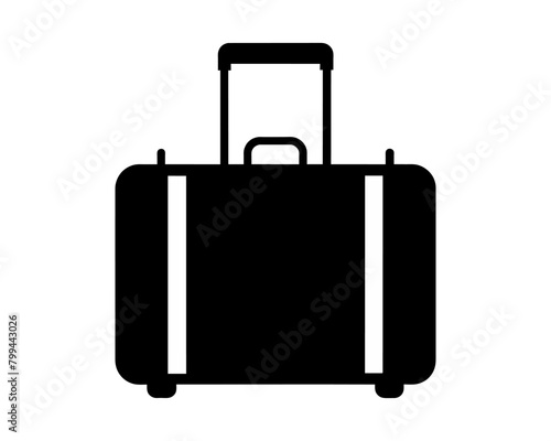 Black rolling suitcase silhouette isolated on white background. Silhouette of a wheeled luggage bag. Concept of travel, tourism, vacation, business trips, and luggage portability. Graphic art