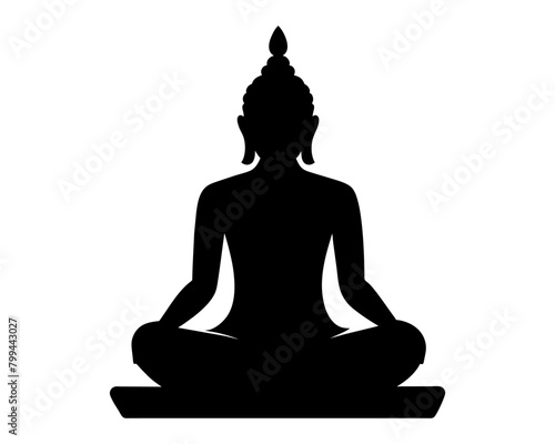 Black Silhouette of Buddha in lotus position isolated on white surface. Graphic illustration. Buddhist meditation icon. Concept of Zen practice, religious, meditation, Buddhism