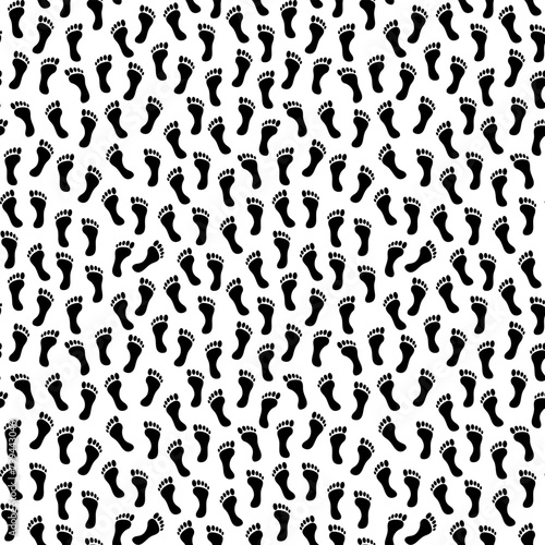 Black and white seamless pattern of Human footprints. Silhouette. Human bare feet pattern. Isolated on white background. Print, textile, wrapping paper, postcard,  design element