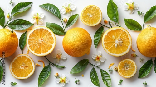 A seamless pattern with fresh juicy lemons, whole and cut into pieces, flowers and leaves on white background. Backdrop with citrus fruits. Botanical modern illustration in antique style. photo