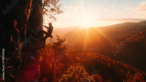 Silhouette of brave heroic man trying to climb with rope in mountain valley at sunset