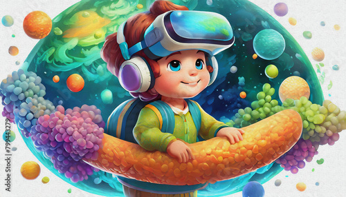 oil painting style CARTOON CHARACTER CUTE baby Kid in a VR workshop exploring the wonders of space,  photo
