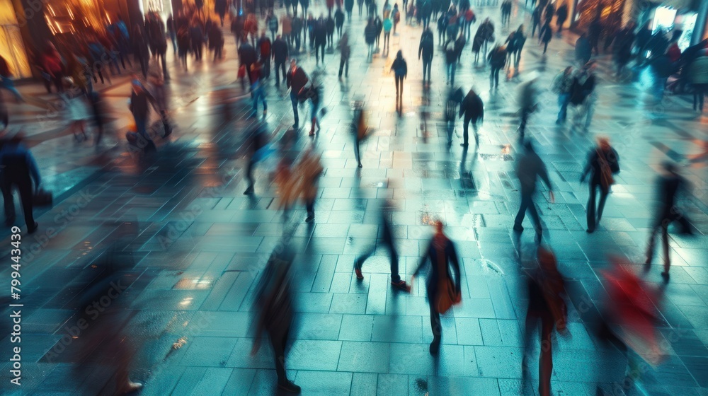 Motion blur of busy people walking together in street outdoor at morning rush hour. Generated AI