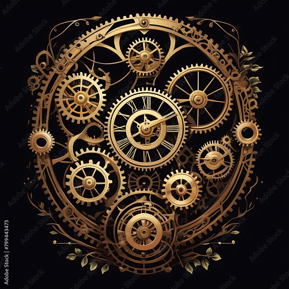 a close up of a black and gold clock with gears on it's face and dials on the inside of the clock.