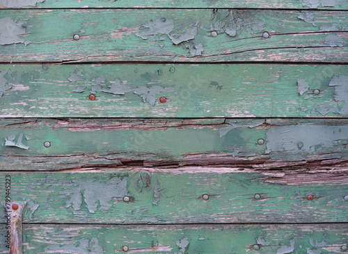 Weathered rotten wooden door with flaked green painted planks and rusty nails. Background image